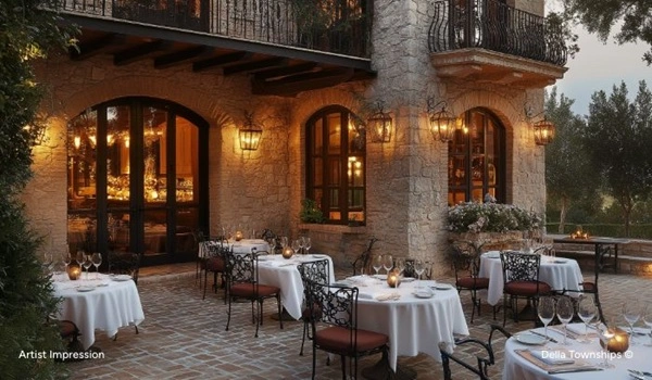 Cozy dining area at Della Racecourse with elegant seating and scenic views